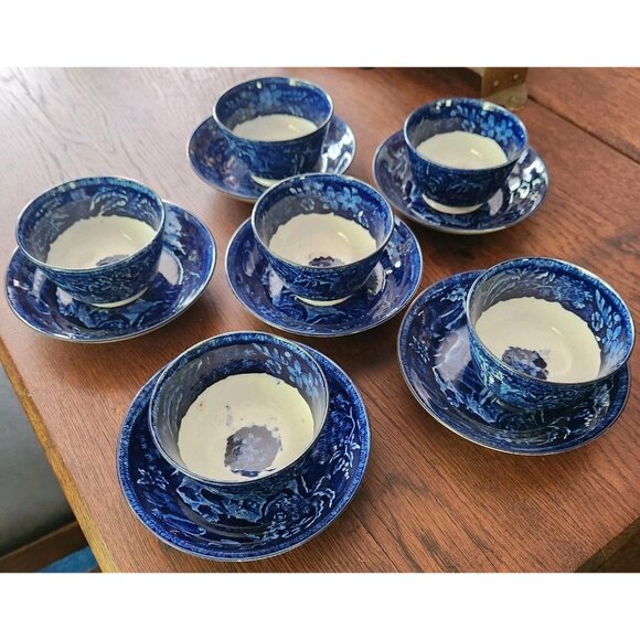 6 Dark Blue Transferware Footed Tea Bowl Handleless Cup and Saucer Sets Antique